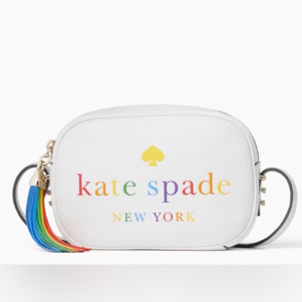 Kate Spade White Crossbody Camera Bag with Rainbow Logo and tassel